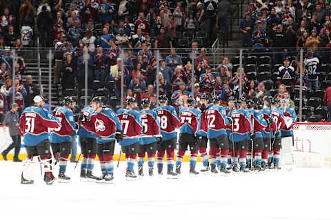 DENVER, CO – OCTOBER 04: Members of the Colorado Avalanche celebrate a win against the Minnesota Wild at the Pepsi Center on October 4, 2018 in Denver, Colorado. The Avalanche defeated the Wild 4-1. (Photo by Michael Martin/NHLI via Getty Images)