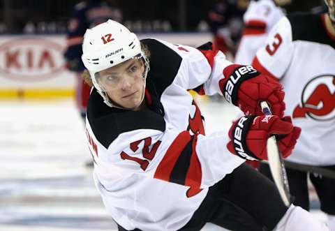 Tyce Thompson #12 of the New Jersey Devils (Photo by Bruce Bennett/Getty Images)