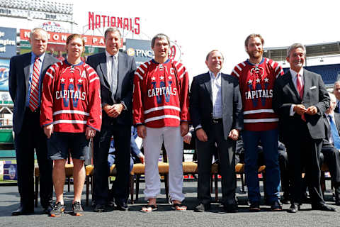 Brian MacLellan, Nicklas Backstrom, Dick Patrick, Alex Ovechkin, Gary Bettman, Braden Holtby, Ted Leonsis, Washington Capitals Mandatory Credit: Geoff Burke-USA TODAY Sports