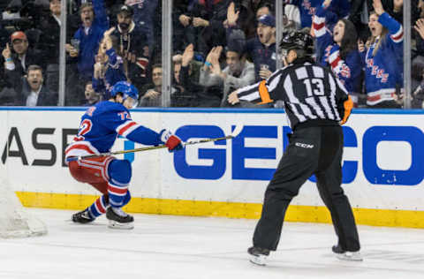 NEW YORK, NY – FEBRUARY 06: New York Rangers Winger Filip Chytil (72) reacts after tying the game at 3 apiece in the third period of an Eastern Conference match-up Between the Boston Bruins and the New York Rangers on February 06, 2019, at Madison Square Garden in New York, NY. (Photo by David Hahn/Icon Sportswire via Getty Images)