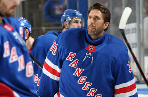 NEW YORK, NY – MARCH 25: Henrik Lundqvist #30 of the New York Rangers looks on against the Pittsburgh Penguins at Madison Square Garden on March 25, 2019 in New York City. The Pittsburgh Penguins won 5-2. (Photo by Jared Silber/NHLI via Getty Images)