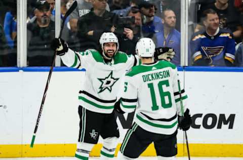 ST. LOUIS, MO – MAY 7: Dallas Stars’ Mats Zuccarello, left, celebrates with Jason Dickinson after scoring a goal during the first period of Game 7 of an NHL Western Conference second-round hockey playoff series between the St. Louis Blues and the Dallas Stars on May 7, 2019, at the Enterprise Center in St. Louis, MO. (Photo by Tim Spyers/Icon Sportswire via Getty Images)