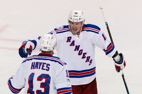 Mar 28, 2017; San Jose, CA, USA; New York Rangers left wing J.T. Miller (10) celebrates after scoring a goal against the San Jose Sharks in the third period at SAP Center at San Jose. The Sharks won 5-4 in overtime. Mandatory Credit: John Hefti-USA TODAY Sports