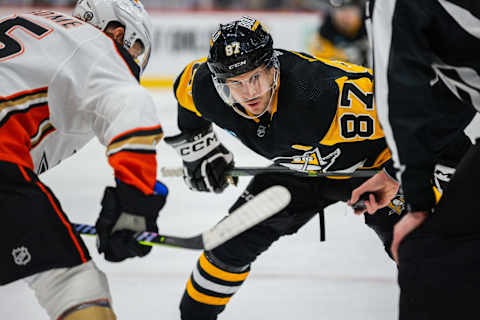 PITTSBURGH, PENNSYLVANIA – OCTOBER 30: Sidney Crosby #87 of the Pittsburgh Penguins during the game against the Anaheim Ducks at PPG PAINTS Arena on October 30, 2023 in Pittsburgh, Pennsylvania. (Photo by Harrison Barden/Getty Images)