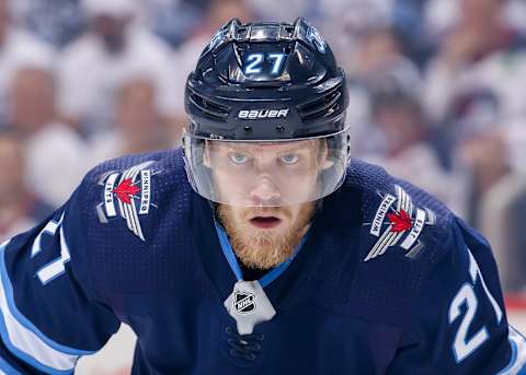 WINNIPEG, MB – MAY 20: Nikolaj Ehlers #27 of the Winnipeg Jets looks on during a first period face-off against the Vegas Golden Knights in Game Five of the Western Conference Final during the 2018 NHL Stanley Cup Playoffs at the Bell MTS Place on May 20, 2018 in Winnipeg, Manitoba, Canada. The Knights defeated the Jets 2-1 and win the series 4-1. (Photo by Jonathan Kozub/NHLI via Getty Images)