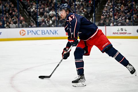 Dec 19, 2022; Columbus, Ohio, USA; Columbus Blue Jackets defenseman Marcus Bjork (47) moves the puck in the second period against the Dallas Stars at Nationwide Arena. Mandatory Credit: Gaelen Morse-USA TODAY Sports