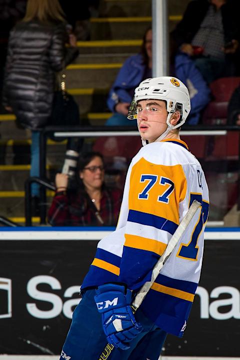 KELOWNA, BC – DECEMBER 01: Kirby Dach #77 of the Saskatoon Blades skates against the Kelowna Rockets at Prospera Place on December 1, 2018 in Kelowna, Canada. (Photo by Marissa Baecker/Getty Images)