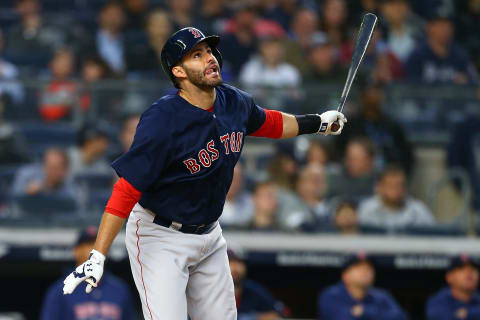 NEW YORK, NY – MAY 10: J.D. Martinez #28 of the Boston Red Sox hits a foul ball in the third inning against the New York Yankees at Yankee Stadium on May 10, 2018, in the Bronx borough of New York City. (Photo by Mike Stobe/Getty Images)