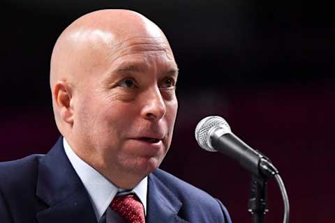 MONTREAL, QC – JANUARY 19: Newly appointed general manager for the Montreal Canadiens Kent Hughes, addresses the media at Centre Bell on January 19, 2022 in Montreal, Canada. Kent Hughes becomes the 18th general manager in franchise history. (Photo by Minas Panagiotakis/Getty Images)