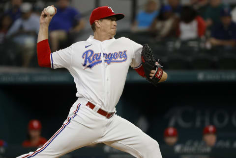 ARLINGTON, TX – JUNE 26: Kyle Gibson #44 of the Texas Rangers pitches against the Kansas City Royals during the first inning at Globe Life Field on June 26, 2021 in Arlington, Texas.(Photo by Ron Jenkins/Getty Images)