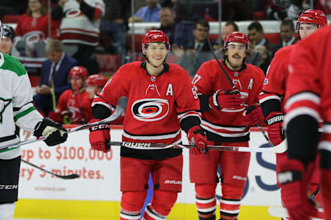 RALEIGH, NC – NOVEMBER 13: Carolina Hurricanes Left Wing Jeff Skinner (53) al smiles during the 3rd period of the Carolina Hurricanes versus the Dallas Stars on November 13, 2017, at PNC Arena in Raleigh, NC. (Photo by Jaylynn Nash/Icon Sportswire via Getty Images)