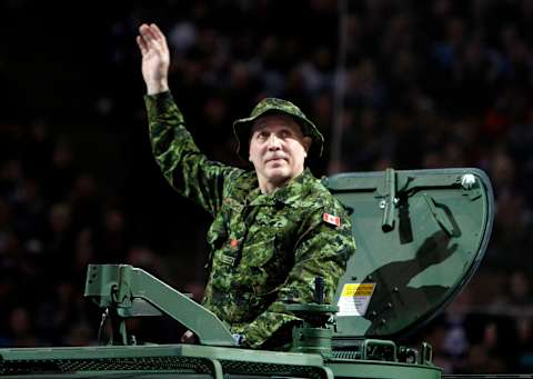 TORONTO, CANADA – FEBRUARY 19: Retired Leaf Tiger Williams waves to the ACC during a pre-game ceremony to honour the Canadian Armed Forces before the Toronto Maple Leafs. (Photo by Abelimages/Getty Images)