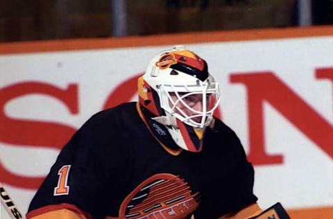 TORONTO, CANADA – OCTOBER 18: Kirk McLean #1 of the Vancouver Canucks warms up against the Toronto Maple Leafs during game action October 18, 1989 at Maple Leaf Gardens in Toronto, Ontario, Canada. (Photo by Graig Abel Collection/Getty Images)