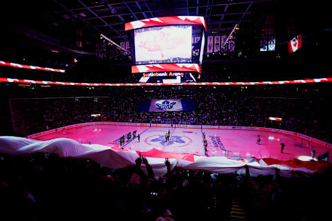 Apr 15, 2019; Toronto, Ontario, CAN;  the Boston Bruins and Toronto Maple Leafs  Mandatory Credit: John E. Sokolowski-USA TODAY Sports