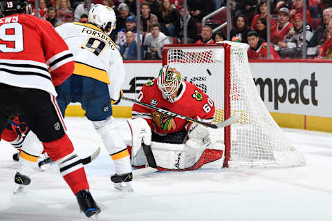 CHICAGO, IL – JANUARY 09: Filip Forsberg #9 of the Nashville Predators scores the game-winning goal in overtime on goalie Collin Delia #60 of the Chicago Blackhawks at the United Center on January 9, 2019 in Chicago, Illinois. (Photo by Bill Smith/NHLI via Getty Images)