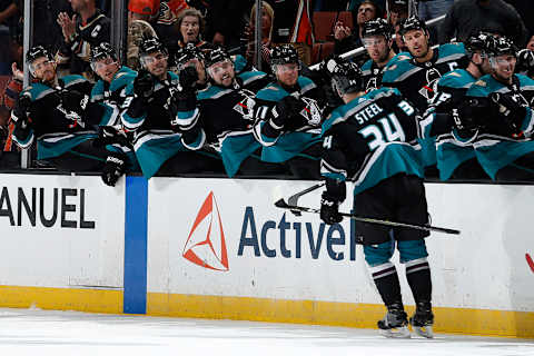 ANAHEIM, CA – APRIL 3: Sam Steel #34 of the Anaheim Ducks celebrates a goal with his teammates in the first period of the game against the Calgary Flames on April 3, 2019, at Honda Center in Anaheim, California. (Photo by Debora Robinson/NHLI via Getty Images)