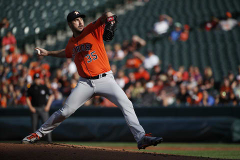 BALTIMORE, MD – SEPTEMBER 29: Starting pitcher Justin Verlander #35 of the Houston Astros pitches in the first inning against the Baltimore Orioles during Game One of a doubleheader at Oriole Park at Camden Yards on September 29, 2018 in Baltimore, Maryland. (Photo by Patrick McDermott/Getty Images)