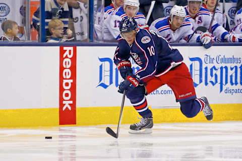 COLUMBUS, OH – NOVEMBER 7: Marian Gaborik #10 of the Columbus Blue Jackets controls the puck during the game against the New York Rangers on November 7, 2013 at Nationwide Arena in Columbus, Ohio. (Photo by Kirk Irwin/Getty Images)