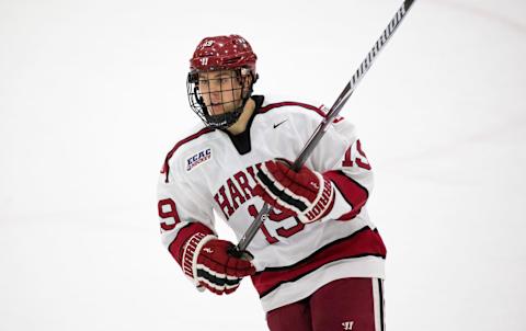 Jake Drury #19 of the Harvard Crimson. (Photo by Richard T Gagnon/Getty Images)