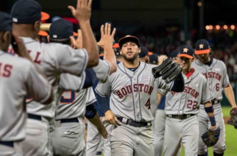 Jun 3, 2017; Arlington, TX, USA; Houston Astros center fielder George Springer (4) celebrates the win over the Texas Rangers at Globe Life Park in Arlington. Mandatory Credit: Jerome Miron-USA TODAY Sports