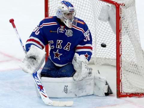 ST PETERSBURG, RUSSIA SEPTEMBER 15, 2017: SKA St Petersburg goaltender Igor Shestyorkin concedes a goal in their 2017/18 KHL Regular Season ice hockey match against Metallurg Magnitogorsk at the Ice Palace; SKA St Petersburg won 4-3. Alexander Demianchuk/TASS (Photo by Alexander Demianchuk\TASS via Getty Images)