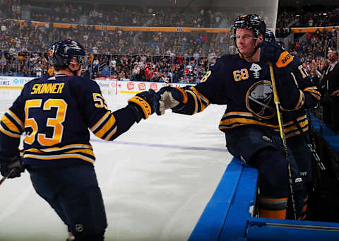 BUFFALO, NY – OCTOBER 22: Jeff Skinner #53 celebrates his goal with Victor Olofsson #68 of the Buffalo Sabres during an NHL game against the San Jose Sharks on October 22, 2019 at KeyBank Center in Buffalo, New York. (Photo by Bill Wippert/NHLI via Getty Images)