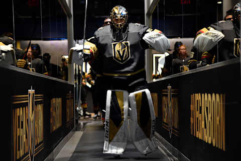 LAS VEGAS, NEVADA – NOVEMBER 23: The Vegas Golden Knights prepare to take the ice for warm-ups prior to a game against the Edmonton Oilers at T-Mobile Arena on November 23, 2019 in Las Vegas, Nevada. (Photo by Jeff Bottari/NHLI via Getty Images)