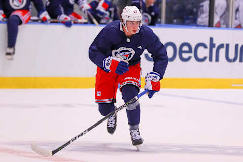 NEW YORK, NY – JUNE 29: New York Rangers Right Wing Riley Hughes (67) skates during New York Rangers Prospect Development Camp on June 29, 2018 at the MSG Training Center in New York, NY. (Photo by Rich Graessle/Icon Sportswire via Getty Images)