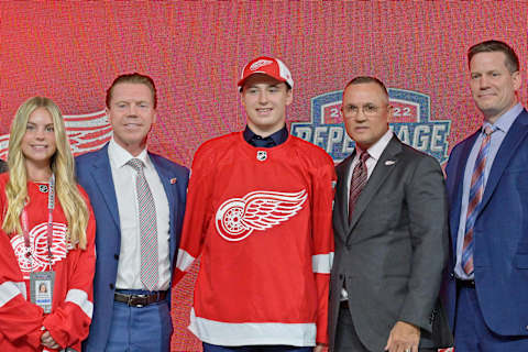 Jul 7, 2022; Montreal, Quebec, CANADA; Marco Kasper after being selected as the number eight overall pick to the Detroit Red Wings in the first round of the 2022 NHL Draft at Bell Centre. Mandatory Credit: Eric Bolte-USA TODAY Sports