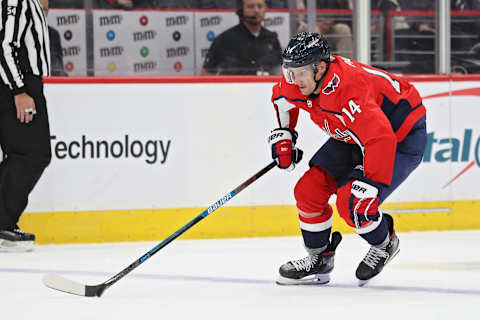 WASHINGTON, DC – SEPTEMBER 18: Richard Panik #14 of the Washington Capitals skates with the puck against the St. Louis Blues during a preseason NHL game at Capital One Arena on September 18, 2019 in Washington, DC. (Photo by Patrick Smith/Getty Images)