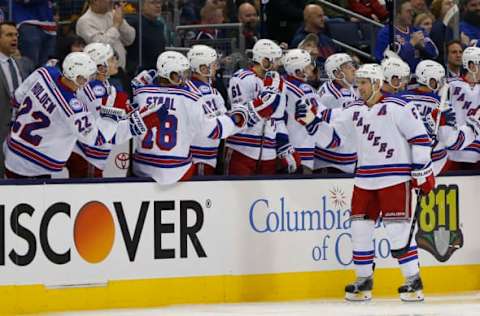 NHL Power Rankings: New York Rangers defenseman Dan Girardi (5) celebrates a goal against the Columbus Blue Jackets during the second period at Nationwide Arena. Mandatory Credit: Russell LaBounty-USA TODAY Sports