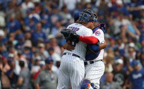 Chicago Cubs relief pitcher Pedro Strop, left, and catcher Willson Contreras celebrate a 3-2 win against the Washington Nationals at Wrigley Field in Chicago on Friday, Aug. 10, 2018. (John J. Kim/Chicago Tribune/TNS via Getty Images)