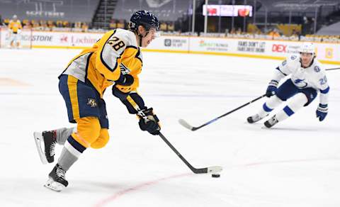 Nashville Predators right wing Eeli Tolvanen (28) Mandatory Credit: Christopher Hanewinckel-USA TODAY Sports