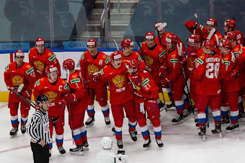 Russia celebrates the victory over Sweden. (Photo by Codie McLachlan/Getty Images)