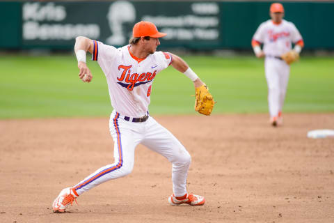 March 14, 2015: Clemson Tigers infielder Weston Wilson (8) during Game 1 of a doubleheader between Notre Dame and Clemson at Doug Kingsmore Stadium in Clemson, SC. Clemson defeats Notre Dame 6-1. (Photo by David Grooms/Icon Sportswire/Corbis via Getty Images)