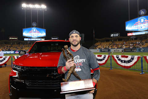 LOS ANGELES, CA – OCTOBER 28: World Series MVP Steve Peearce #25 of the Boston Red Sox holds up the Willie Mayys World Series Most Valuable Player trophy after the Red Sox defeated the Los Angeles Dodgers in Game 5 of the 2018 World Series between the Boston Red Sox and the Los Angeles Dodgers at Dodger Stadium on Sunday, October 28, 2018 in Los Angeles, California. (Photo by Alex Trautwig/MLB Photos via Getty Images)