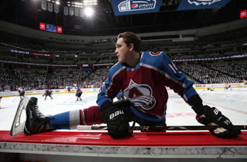 DENVER, CO – APRIL 18: Nikita Zadorov #16 of the Colorado Avalanche warms up prior to the game against the Nashville Predators in Game Four of the Western Conference First Round during the 2018 NHL Stanley Cup Playoffs at the Pepsi Center on April 18, 2018 in Denver, Colorado. (Photo by Michael Martin/NHLI via Getty Images)