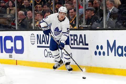 BOSTON, MA – APRIL 23: Toronto Maple Leafs defenseman Jake Gardiner (51) passes up ice during Game 7 of the 2019 First Round Stanley Cup Playoffs between the Boston Bruins and the Toronto Maple Leafs on April 23, 2019, at TD Garden in Boston, Massachusetts. (Photo by Fred Kfoury III/Icon Sportswire via Getty Images)