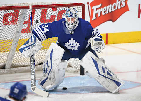 TORONTO, ON – FEBRUARY 18: James Reimer #34 of the Toronto Maple Leafs  (Photo by Claus Andersen/Getty Images)