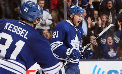 TORONTO, CANADA – FEBRUARY 21: James van Riemsdyk #21 of the Toronto Maple Leafs   (Photo by Abelimages/Getty Images)