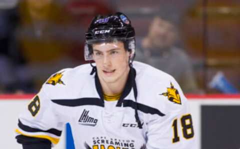 VANCOUVER, BC – JANUARY 28: Pierre-Luc Dubois #18 of Team Orr is pictured during warm ups prior to facing Team Cherry in the CHL/NHL Top Prospects game at the Pacific Coliseum on January 28, 2016 in Vancouver, British Columbia, Canada. (Photo by Ben Nelms/Getty Images)