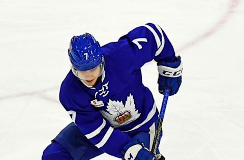 TORONTO, ON – MARCH 25: Timothy Liljegren #7 of the Toronto Marlies skates against the Springfield Thunderbirds during AHL game action on March 25, 2018 at Ricoh Coliseum in Toronto, Ontario, Canada. (Photo by Graig Abel/Getty Images)