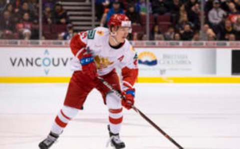 VANCOUVER, BC – DECEMBER 30: Vitali Kravtsov #14 of Russia skates with the puck in Group A hockey action of the 2019 IIHF World Junior Championship against Switzerland on December, 30, 2018 at Rogers Arena in Vancouver, British Columbia, Canada. (Photo by Rich Lam/Getty Images)