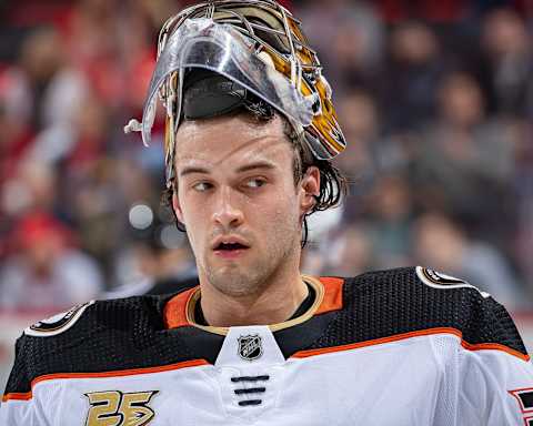 DETROIT, MI – JANUARY 15: John Gibson #36 of the Anaheim Ducks skates around on a play stoppage against the Detroit Red Wings during an NHL game at Little Caesars Arena on January 15, 2019, in Detroit, Michigan. Detroit defeated Anaheim 3-1. (Photo by Dave Reginek/NHLI via Getty Images)