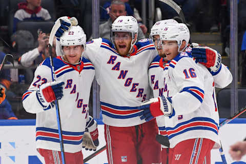 Apr 21, 2022; Elmont, New York, USA; New York Rangers center Andrew Copp (18) celebrates his second goal against the New York Islanders during the first period at UBS Arena. Mandatory Credit: Dennis Schneidler-USA TODAY Sports