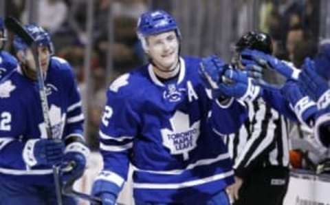 Mar 24, 2016; Toronto, Ontario, CAN; Toronto Maple Leafs forward Tyler Bozak (42) gets congratulated on his goal against the Anaheim Ducks during the first period at the Air Canada Centre. Mandatory Credit: John E. Sokolowski-USA TODAYSports