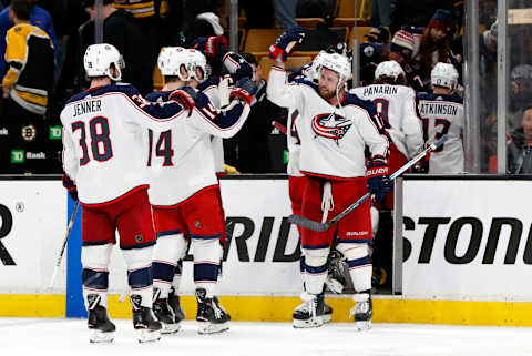 BOSTON, MA – APRIL 27: Columbus Blue Jackets left wing Brandon Dubinsky (17) congratulates teammates as they leave after their double overtime win during Game 2 of the Second Round 2019 Stanley Cup Playoffs between the Boston Bruins and the Columbus Blue Jackets on April 27, 2019, at TD Garden in Boston, Massachusetts. (Photo by Fred Kfoury III/Icon Sportswire via Getty Images)