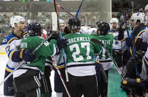 Nov 3, 2016; Dallas, TX, USA; The St. Louis Blues and the Dallas Stars fight during the third period at the American Airlines Center. The Stars beat the Blues 6-2. Mandatory Credit: Jerome Miron-USA TODAY Sports