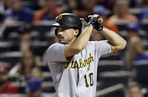 NEW YORK, NY – SEPTEMBER 17: Bryan Reynolds #10 of the Pittsburgh Pirates at bat during the first inning against the New York Mets at Citi Field on September 17, 2022 in the Queens borough of New York City. (Photo by Adam Hunger/Getty Images)