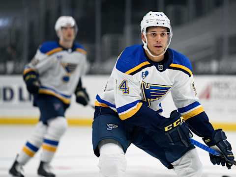 LOS ANGELES, CALIFORNIA – MAY 10: Dakota Joshua #54 of the St. Louis Blues forechecks during a 2-1 overtime win over the Los Angeles Kings at Staples Center on May 10, 2021 in Los Angeles, California. (Photo by Harry How/Getty Images)